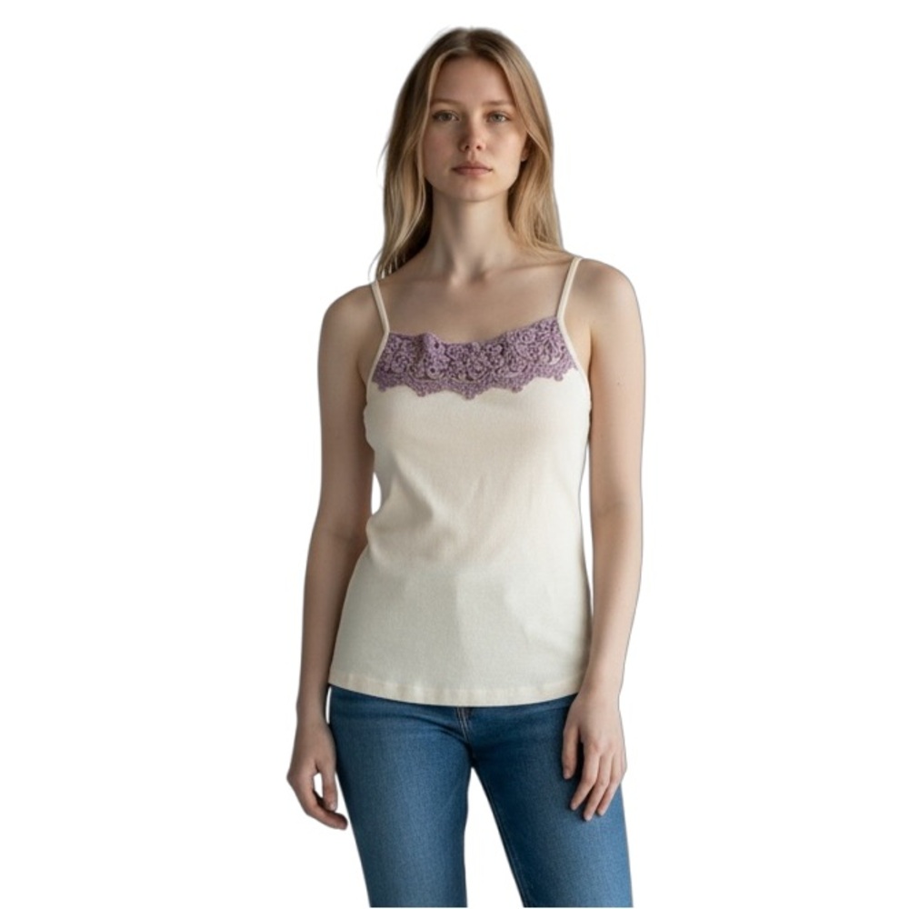 Free People Crochet Embroidered Cami Cream Lavender Trim Size Small